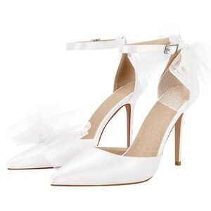 White Pointed Toe Asymmetrical Tulle Bow Stiletto High Heels